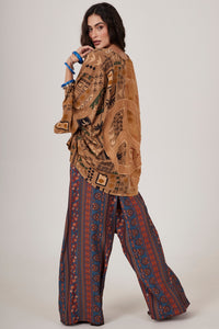 Calça Saruel Pantalona Azul Petróleo Estampado Yacamim G10