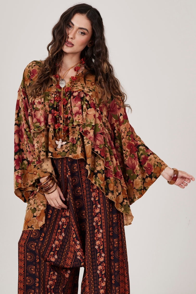 Bata Ampla Alongada Marrom Claro Patchwork Yacamim B20 Mex