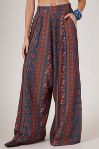 Calça Saruel Pantalona Azul Petróleo Estampado Yacamim G10