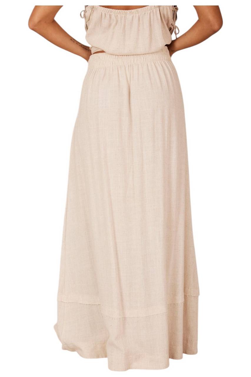 Saia Longa Linho Com Botões Bege Yacamim A19 Liso