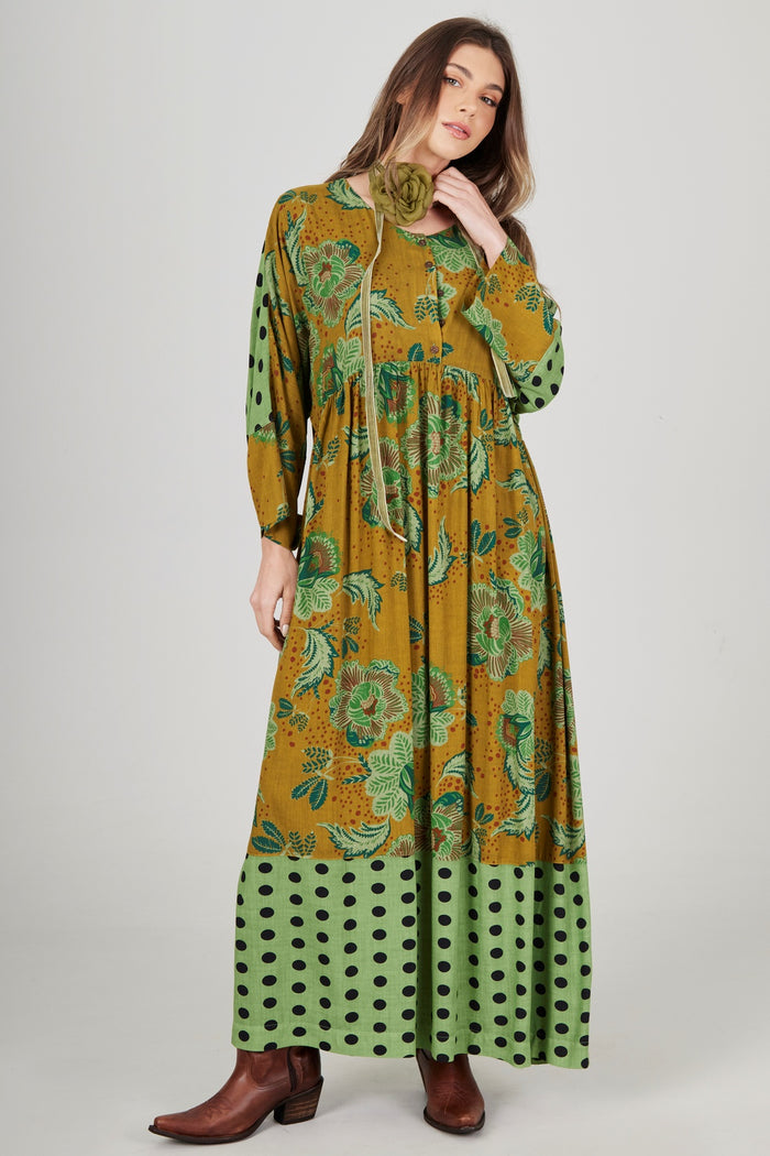Vestido Midi Amplo Verde Estampado Patchwork Yacamim E8