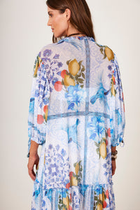 Vestido Longo De Tule Azul  Estampado Yacamim D12