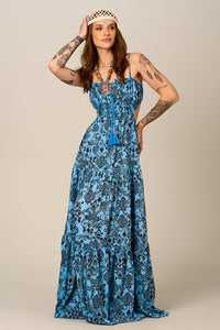 Vestido Longo Azul Estampa Cashmere Yacamim D1