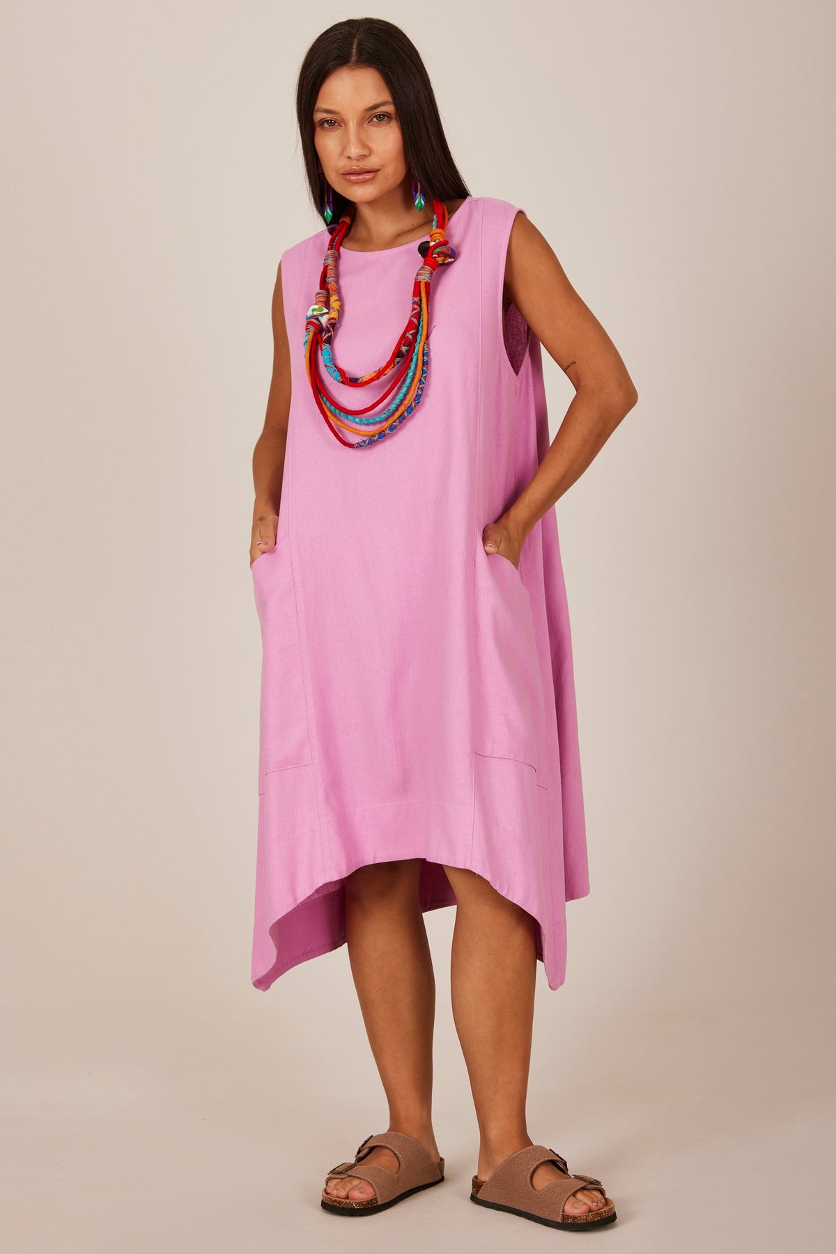 Vestido Curto De Linho Regata Lilás Yacamim C9 Liso