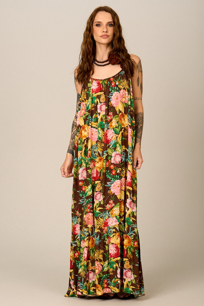 Vestido Longo De Alças Reguláveis Marrom Floral Yacamim C16