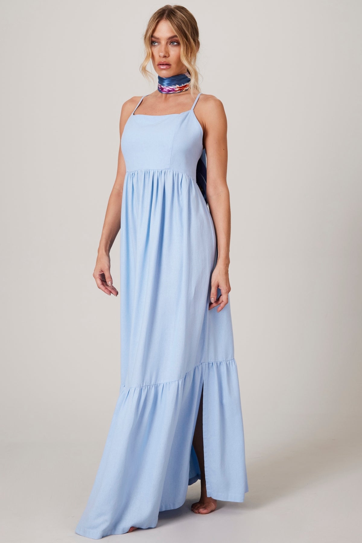 Vestido Longo De Linho Azul Claro Yacamim c5 Liso