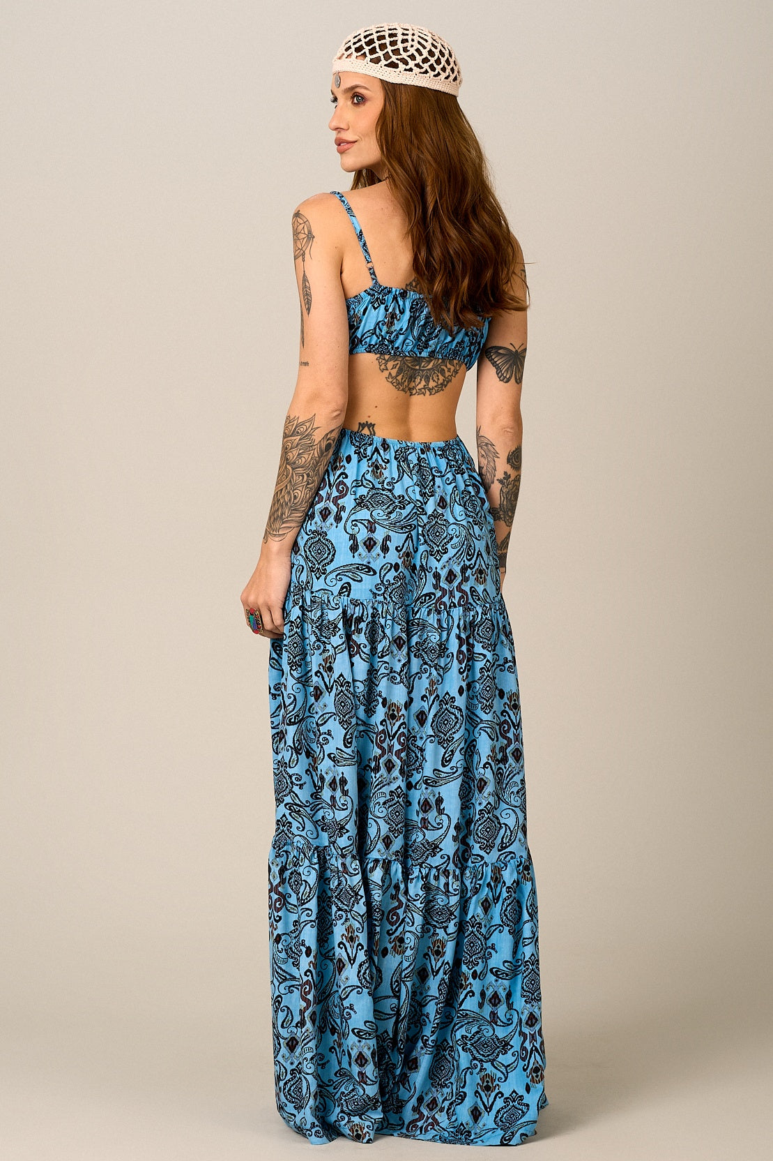 Vestido Longo Azul Estampa Cashmere Yacamim D1