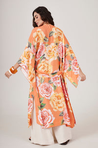 Kimono Longo Com Faixa Laranja Estampado Yacamim J5 Mex