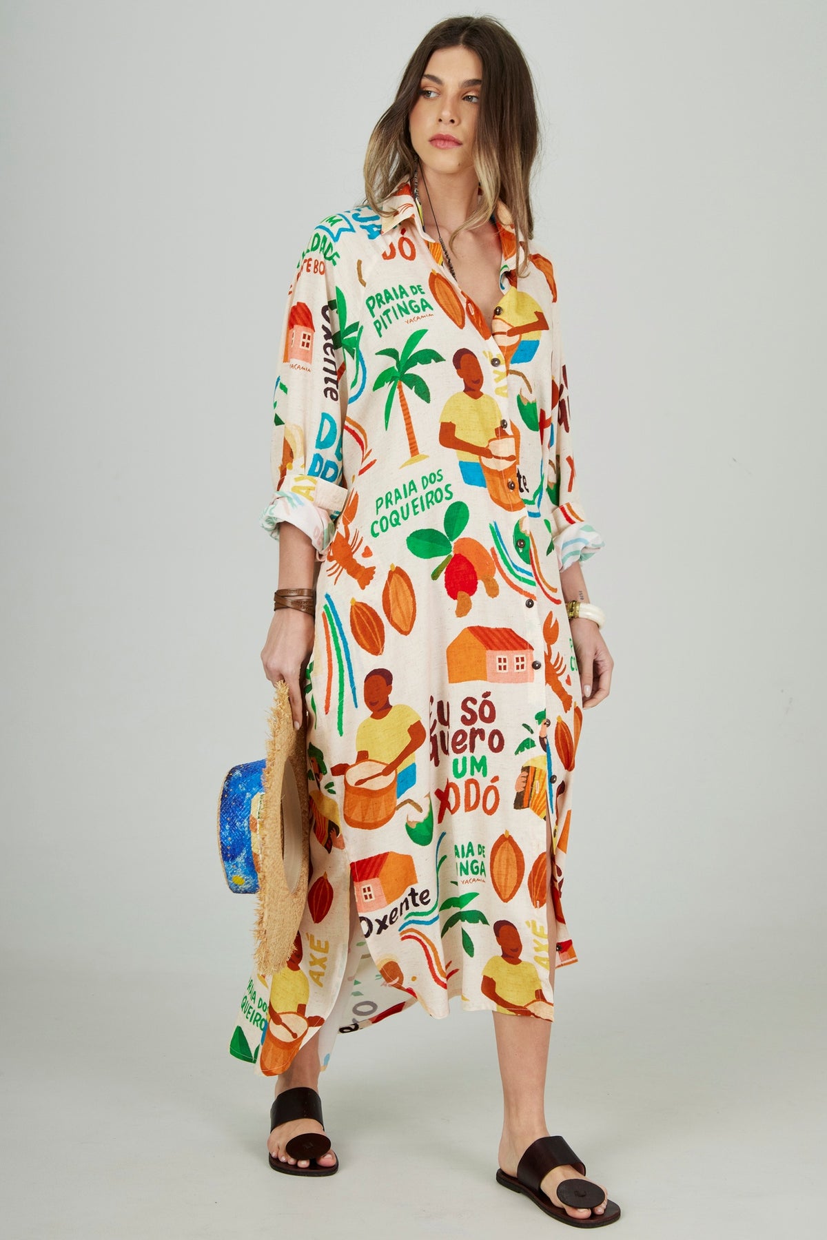 Chemise Midi Bege Estampado Coleção Bahêa Yacamim R10