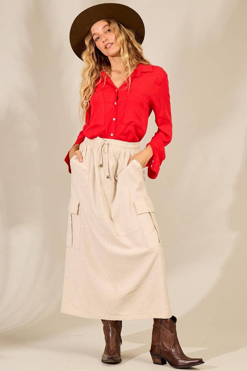 Saia Midi De Linho Com Fendas E Bolsos Bege Yacamim G5