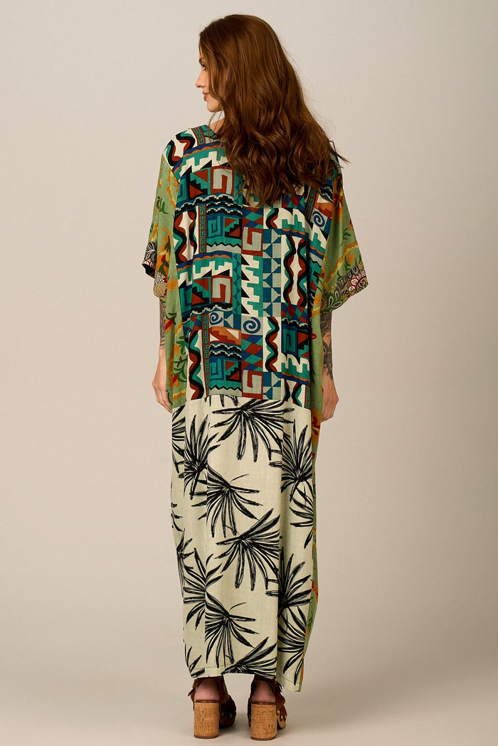Kaftan Longo Verde Estampado Patchwork Yacamim J3