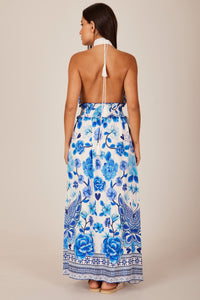 Vestido Longo Frente Única Azul Estampado Yacamim D18