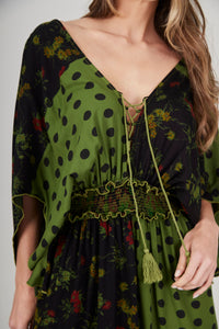 Vestido Longo Verde Estampa De Poá Patchwork Yacamim E18