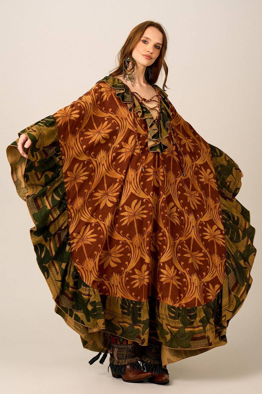 Kaftan Longo Amplo Marrom E Verde Escuro Patchwork Yacamim J1