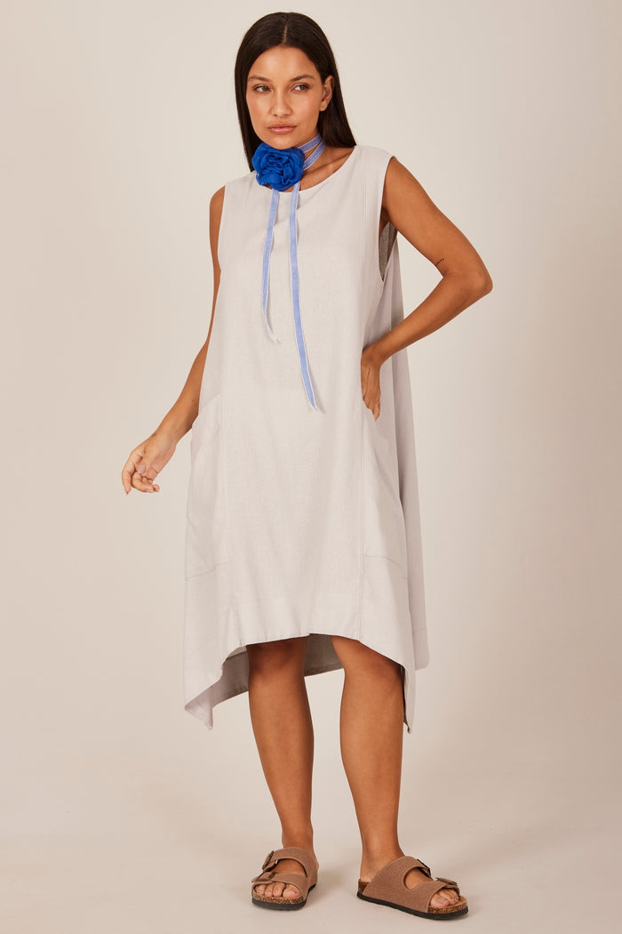 Vestido Curto De Linho Regata Cinza Claro Yacamim C25 liso