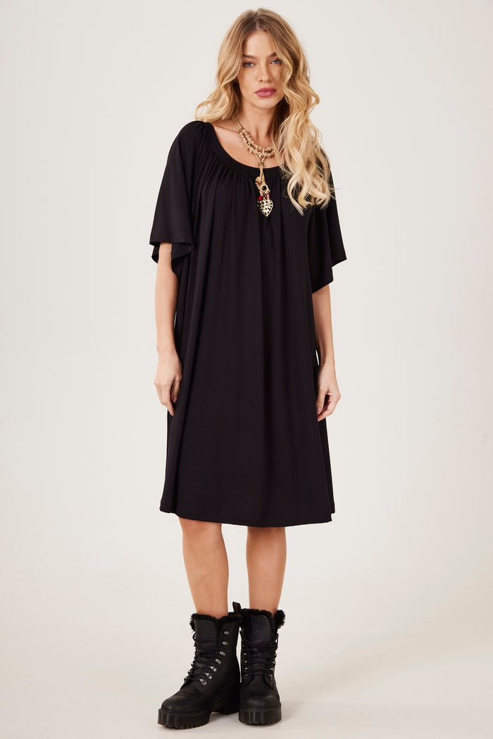 Vestido Curto Decote Ombro A Ombro Preto Yacamim D19 Liso