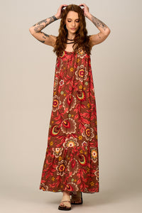 Vestido Longo Alças Reguláveis Marrom Estampado Yacamim E11