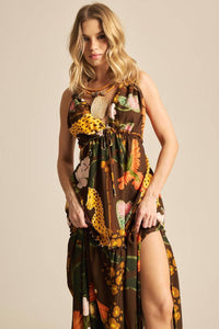 Vestido Longo Com Alças Marrom Estampado Yacamim E21