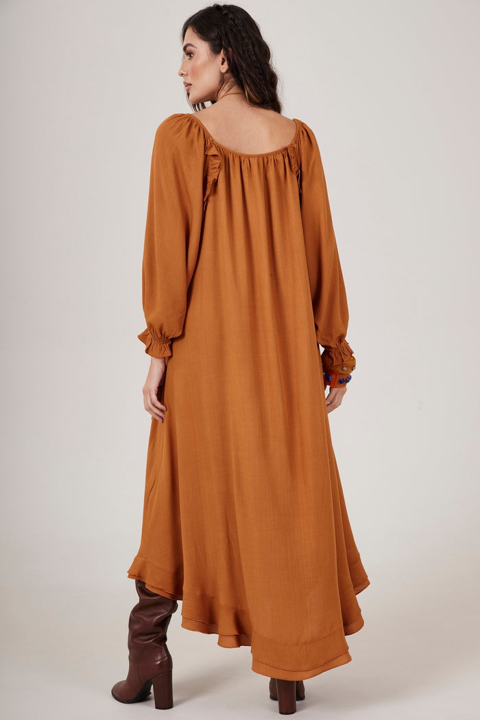 Vestido Longo Ombro A Ombro Caramelo Yacamim C14 Liso