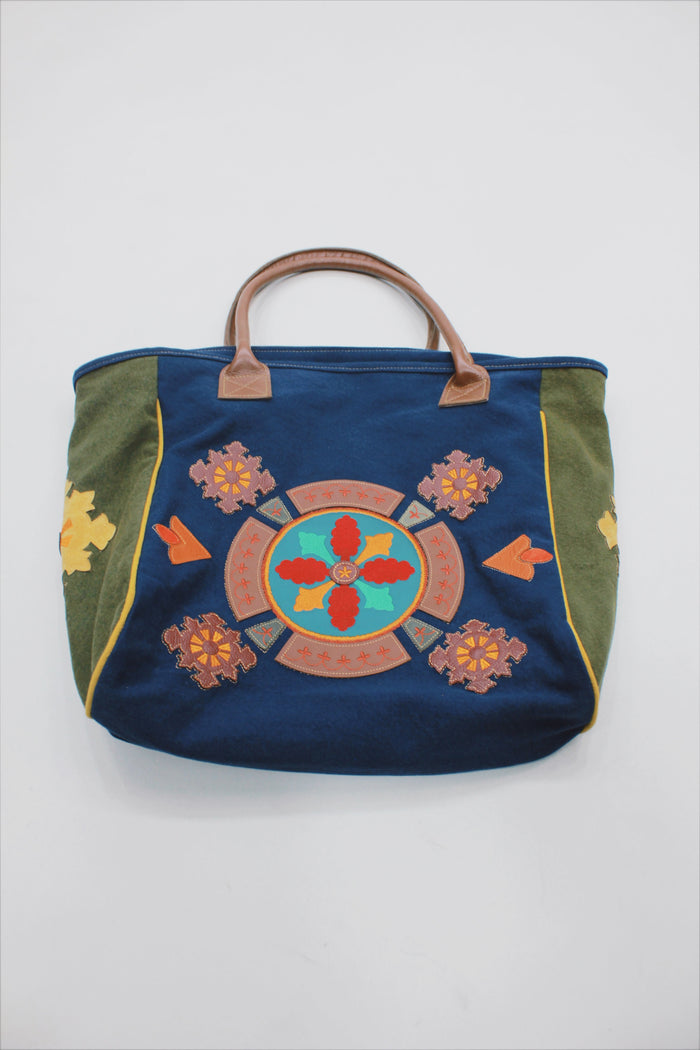 Bolsa De Lona Grande Artesanal Com Bordados Azul E Verde Yacamim #521