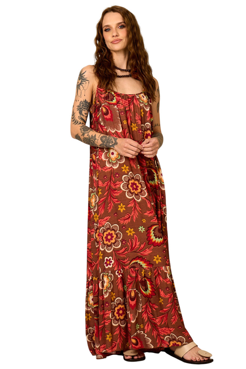 Vestido Longo Alças Reguláveis Marrom Estampado Yacamim E11