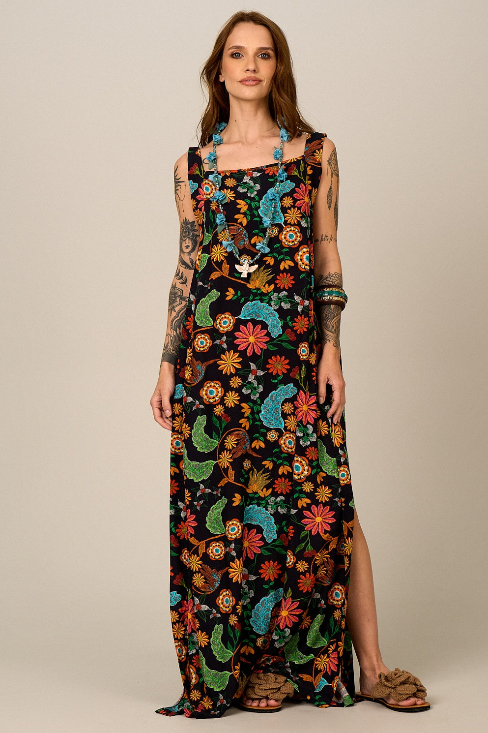 Vestido Longo De Alças Largas Preto Estampado Yacamim E22