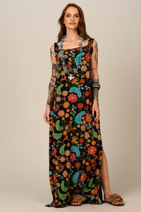 Vestido Longo De Alças Largas Preto Estampado Yacamim E22