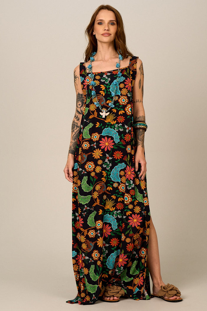 Vestido Longo De Alças Largas Preto Estampado Yacamim E22