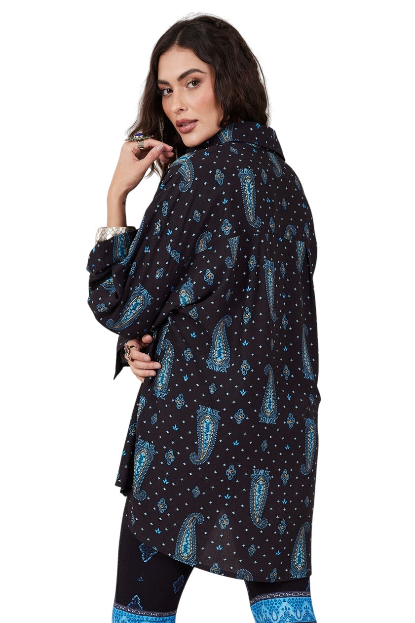 Camisa Ampla Manga Longa Azul Marinho cashmere Yacamim A16