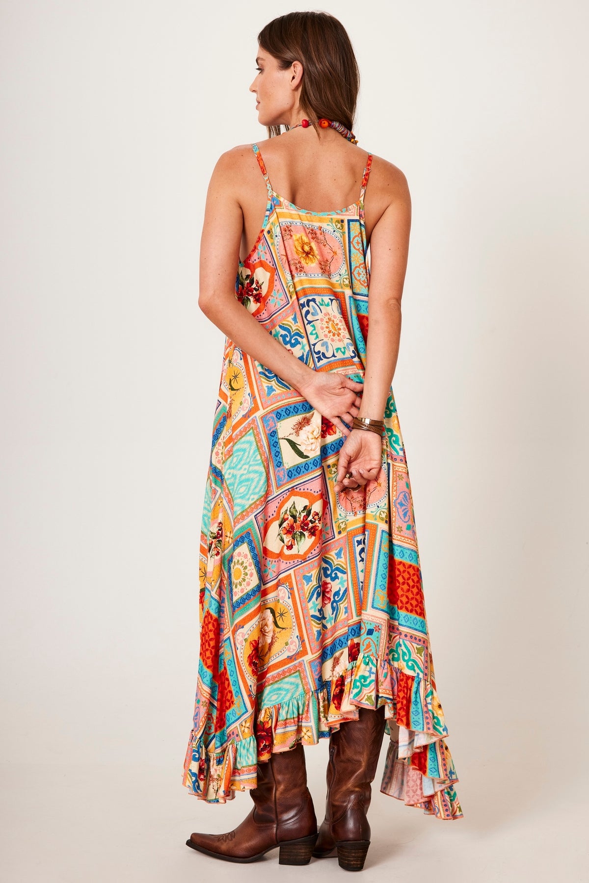 Vestido Midi Godê Com Alças Estampa Geométrica Yacamim C3