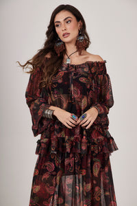 Bata De Tule Ciganinha Preta Estampa Cashmere Yacamim A21