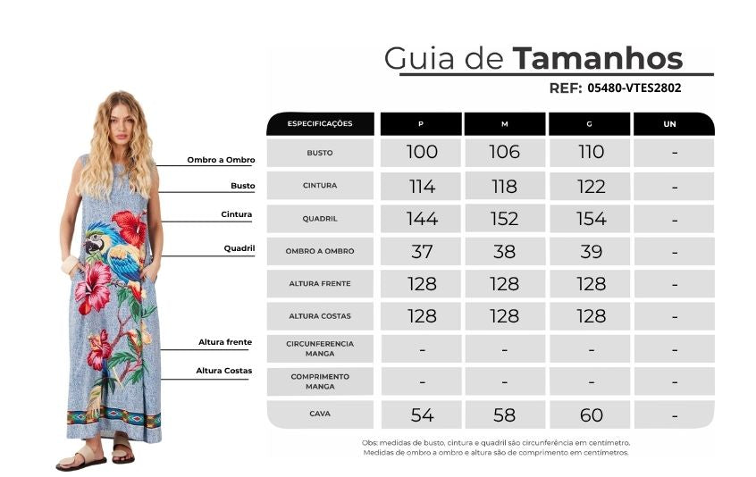 Vestido Longo Regata Azul Estampa Arara Yacamim C7