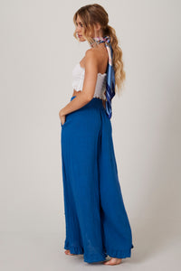 Calça Com Abertura E Babadinhos Azul Yacamim I6 Liso