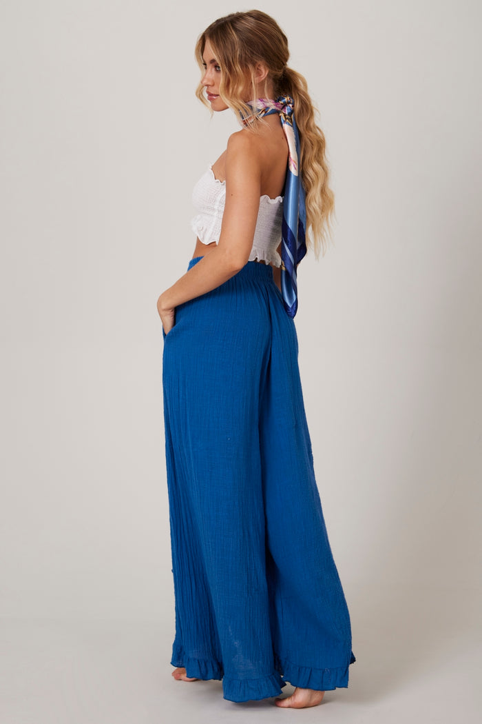 Calça Com Abertura E Babadinhos Azul Yacamim I6 Liso