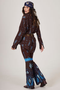 Calça Flare Marrom Escuro Estampa Cashmere Azul Yacamim A30