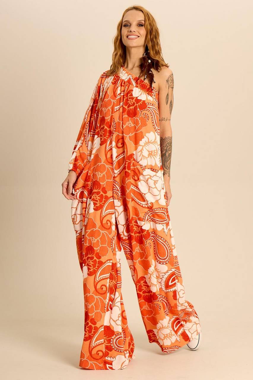 Macacão Longo Pantalona Um Ombro Só Laranja Estampa Paisley Yacamim O4