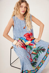 Vestido Longo Regata Azul Estampa Arara Yacamim C7