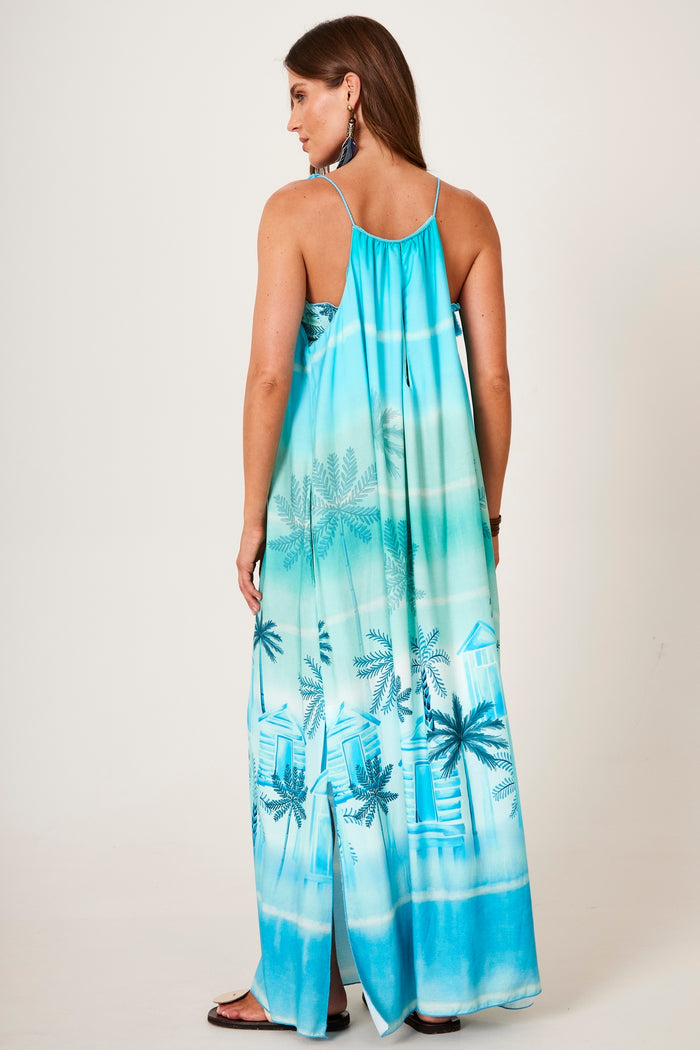 Vestido Longo Com Alças De Amarrar Azul Claro Estampa Tropical Yacamim D25