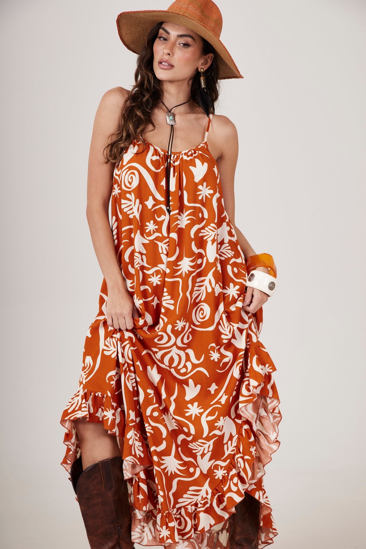 Vestido Longo Com Alças Reguláveis Laranja Estampado Yacamim C2