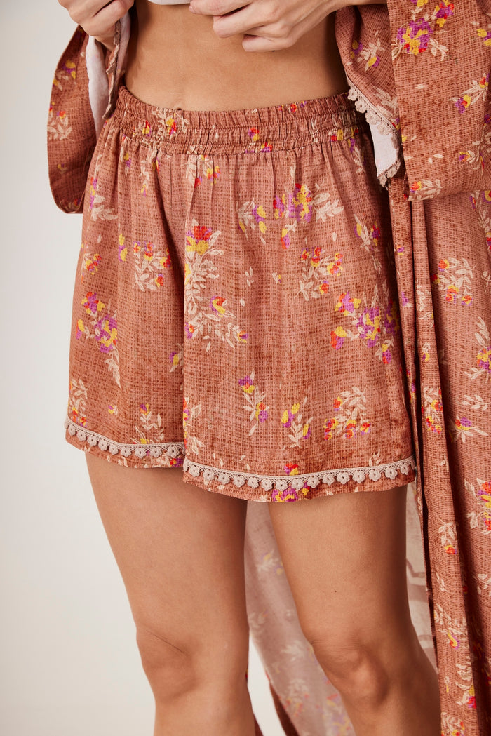 Conjunto Cropped E Shorts Marrom Claro Estampado Yacamim A9