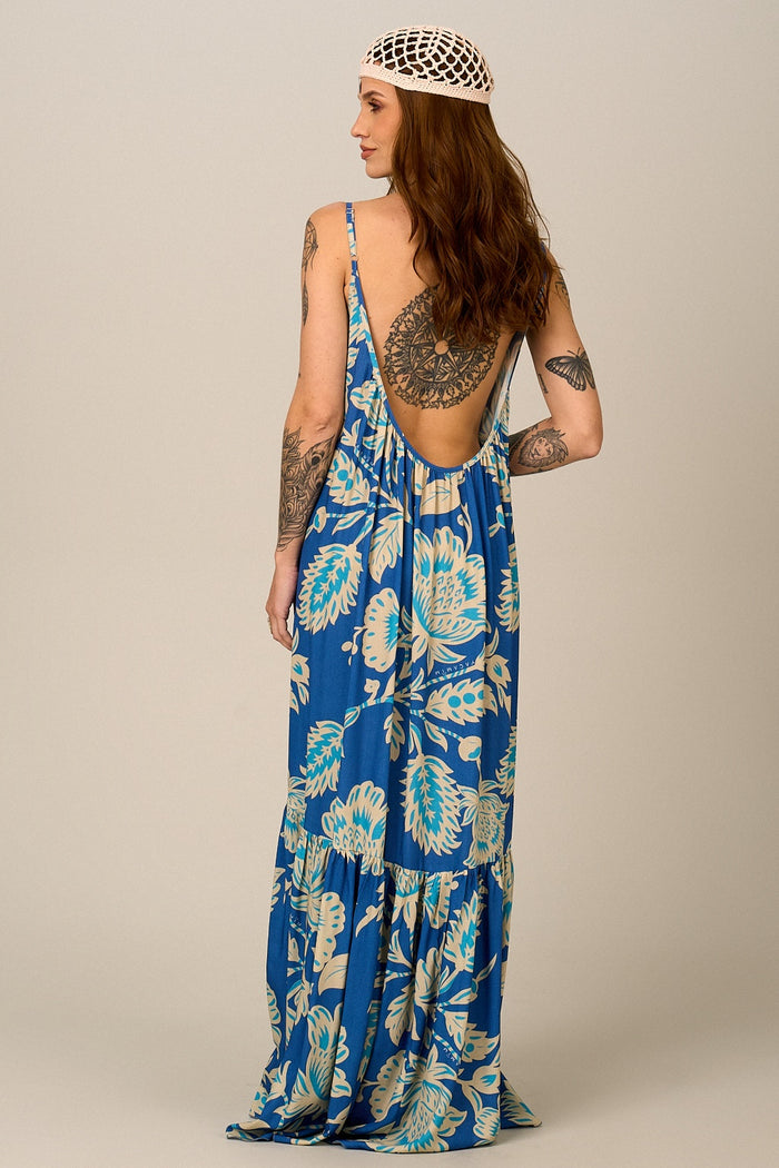 Vestido Longo De Alças Reguláveis Azul Estampado Yacamim E20