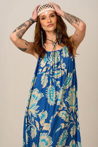 Vestido Longo De Alças Reguláveis Azul Estampado Yacamim E20