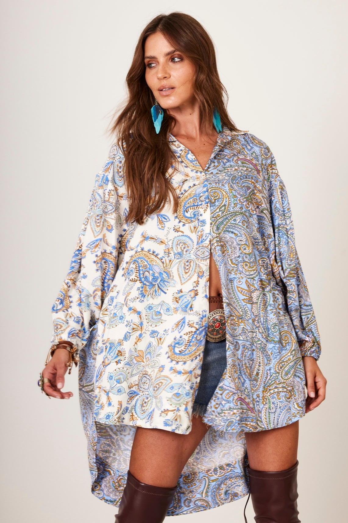 Chemise Alongado Azul Patchwork Cashmere Yacamim N10