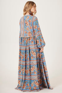 Vestido Longo Com Mangas Bufantes Azul Cashmere Yacamim E26