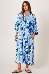 Chemise Midi Amplo Azul Estampa Tropical Yacamim P9