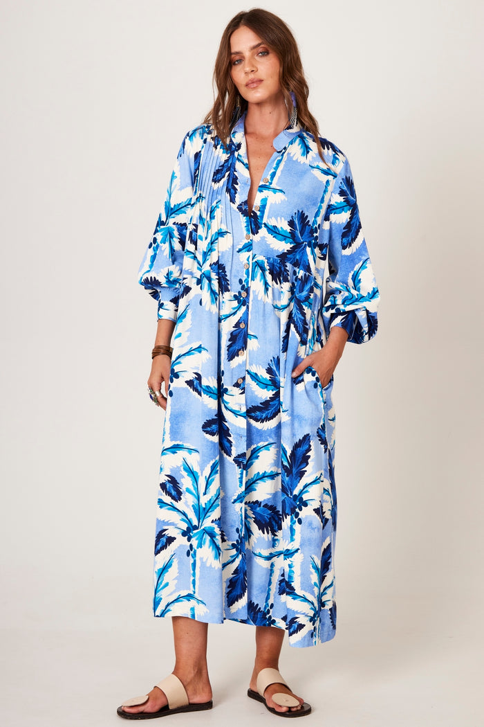 Chemise Midi Amplo Azul Estampa Tropical Yacamim P9