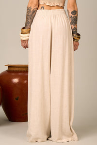 Calça Pantalona De Viscolinho Bege Nature Yacamim H2