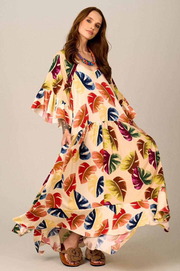 Vestido Midi Amplo Bege Estampa Costela De Adão Yacamim D11