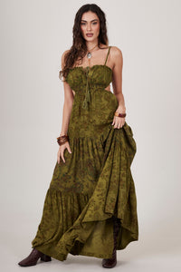 Vestido Longo De Alças Verde Musgo Estampa cashmere Yacamim C15