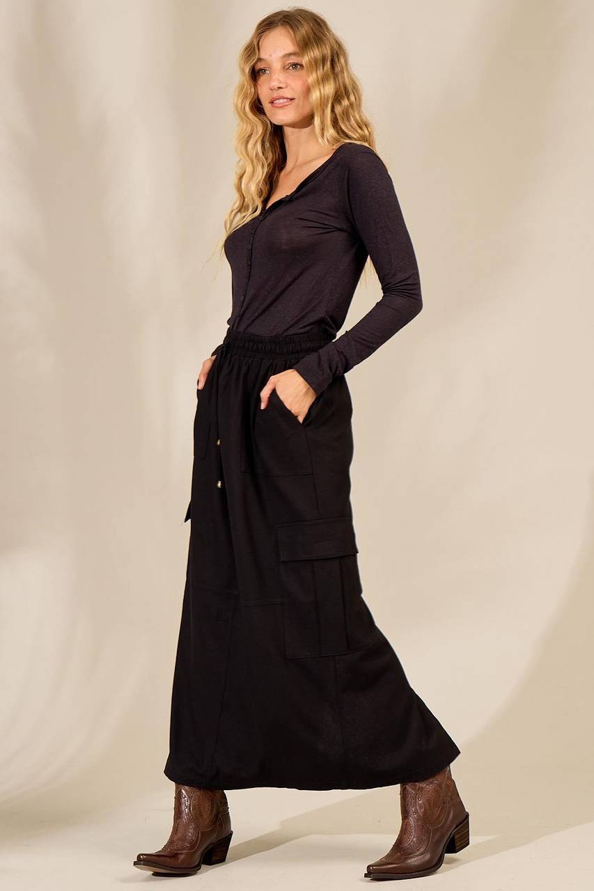 Saia Midi De Linho Com Fendas Preta Yacamim G1